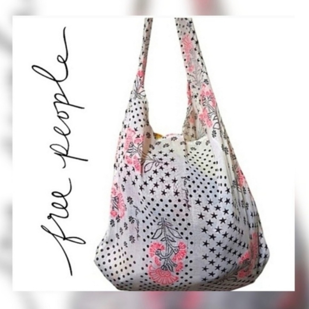 Free People Tote Easter Basket Hot Pink Black Cream Floral Hobo Beach Bag Muslin